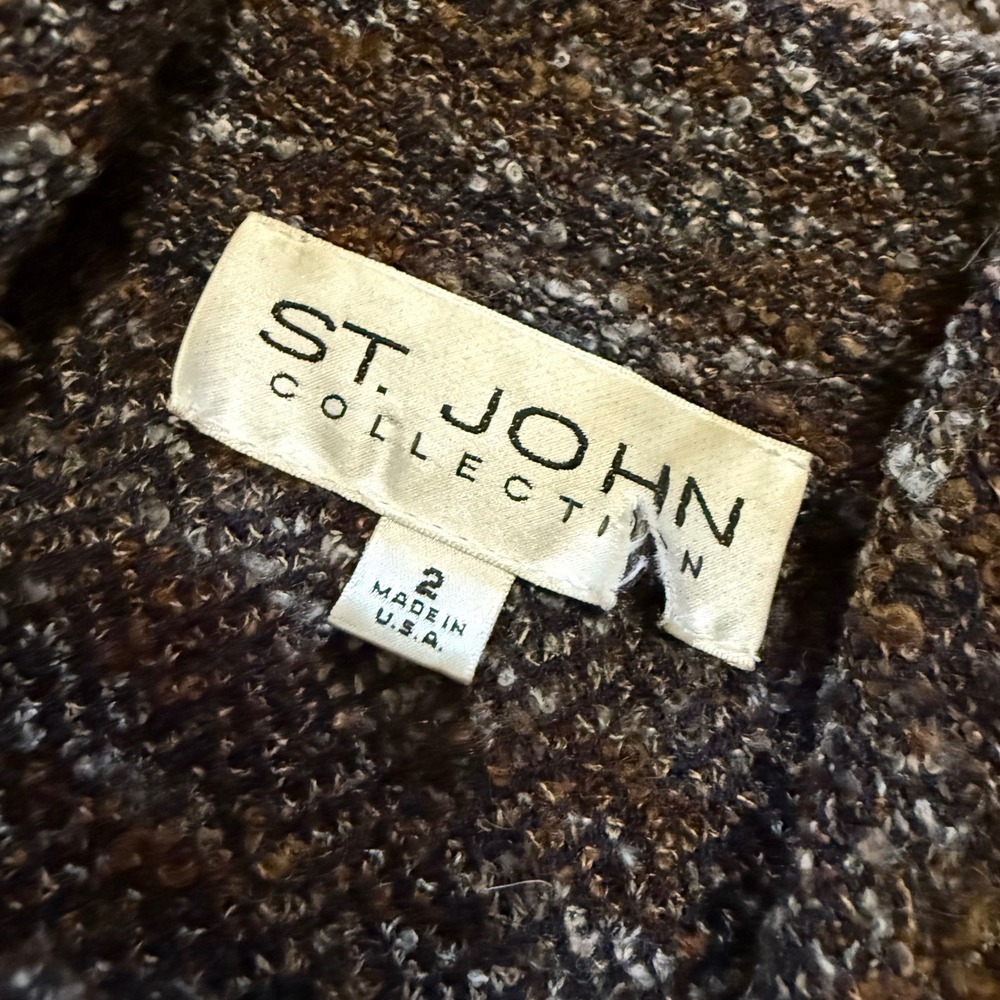 St. John Collection‎ women's Brown Knit Tweed Jacket Leather Trim Zip Front 2